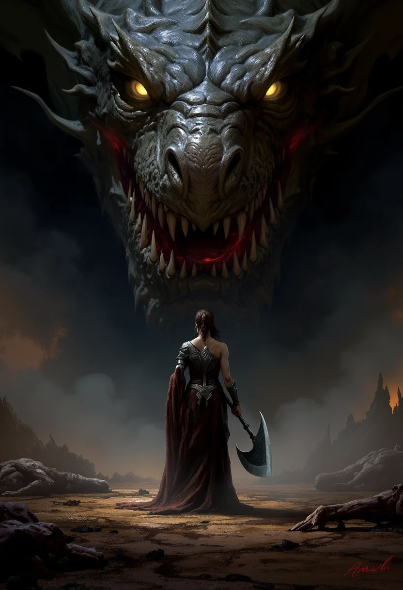 An atmospheric and powerful dark fantasy, natural organic and impressionist classical-style painting of a woman standing in front of a huge dragon head. The woman is wearing a valkyri armor, holding a large axe and has long hair. The dragon has sharp teeth and sharp fangs. The eyes of the dragon are glowing yellow. The mouth of the dragon is wide open. The dragon has large gills on it's head. The ground the woman is standing on is dirt, rocks and dead corpses. Atmosphere of the scene is hot, hotsteamy and suffocating