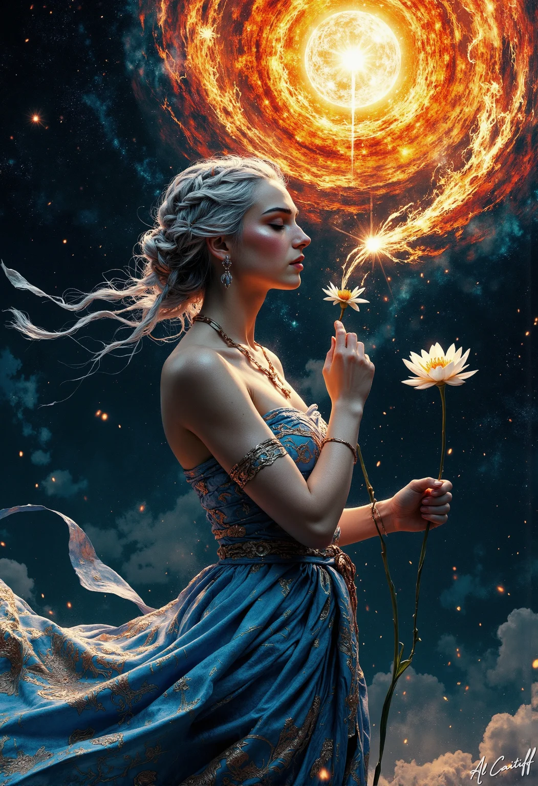 A serene, pale-skinned woman with silver hair styled in a braided updo stands at the edge of a starry night, gazing upwards at a blazing orange sun. She wears a flowing, strapless indigo gown with intricate gold embroidery, her slender fingers grasping the delicate petals of a golden lotus flower. The woman's profile is serene, her eyes closed as if in prayer. The sky above is ablaze with vibrant orange hues, with streaks of yellow and pink radiating from the sun like wispy brushstrokes., fg<lora:CustomFlux/MysticFantasy.safetensors:0.25000000000000006:0.25000000000000006> <lora:CustomFlux/MysticRealism.safetensors:1.0000000000000002:1.0000000000000002> <lora:Flux/Stylized-Super-Texture.safetensors:0.6000000000000001:0.6000000000000001>