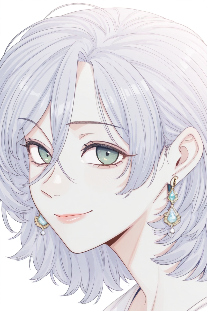 masterpiece, best quality, amazing quality,
 <lora:Girltrap_IL:1> strgrltrp, earrings, solo, jewelry, 1girl, green eyes, looking at viewer, portrait, white background, hair between eyes, simple background, grey hair, short hair, closed mouth, smile, medium hair, shirosan