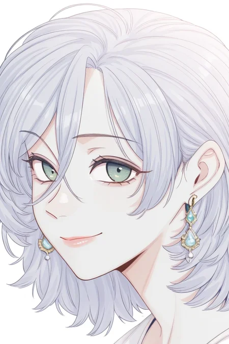 masterpiece, best quality, amazing quality,
 <lora:Girltrap_IL:1> strgrltrp, earrings, solo, jewelry, 1girl, green eyes, looking at viewer, portrait, white background, hair between eyes, simple background, grey hair, short hair, closed mouth, smile, medium hair, shirosan