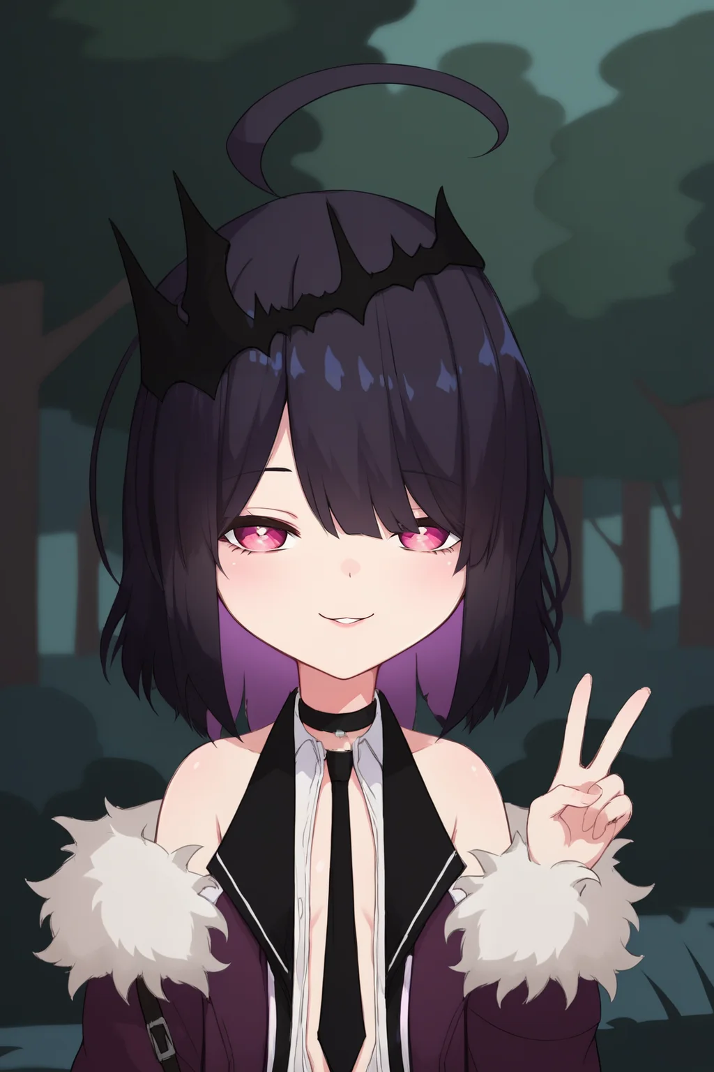 score_9, score_8_up, score_7_up, score_6_up, BREAK, AnniePrincessuGoticaVTPXL, pink eyes, black hair, purple hair, colored inner hair, medium hair, bangs, ahoge, black crown, flat chest, bare shoulders, black choker, black necktie, fur trim, purple jacket, white shirt, open clothes, miniskirt, black skirt, pleated skirt, solo, front view, (portrait, upper body), (peace sign), solo focus, seductive smile, looking at viewer, forest, tree <lora:AnniePrincessuGoticaVTPXL:0.9>