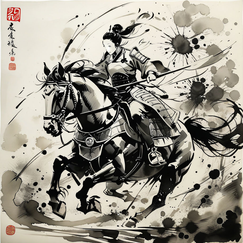 <lora:ink-style_A3.1_XL:0.8>,
(ink-style, ink_wash_painting),(masterpiece,best quality),An elderly character charges on a horse with a long spear and ancient Chinese armor,motion,monochrome,ink wash,dynamic composition,energy,brushwork,animal portrait,elegance,power,artistic expression,splatter detail,