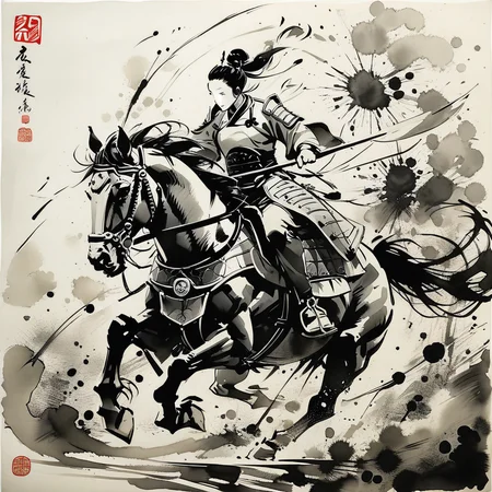 <lora:ink-style_A3.1_XL:0.8>,
(ink-style, ink_wash_painting),(masterpiece,best quality),An elderly character charges on a horse with a long spear and ancient Chinese armor,motion,monochrome,ink wash,dynamic composition,energy,brushwork,animal portrait,elegance,power,artistic expression,splatter detail,