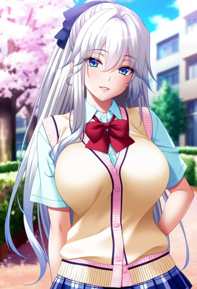 masterpiece, best quality, amazing quality,shuri mikoshiba, blue eyes, white hair, long hair, ponytail, mature female, 1girl, solo, school uniform, breasts,pleated skirt,plaid skirt, plaid, large breasts,light blue shirt, light yellow cardigan vest, blue skirt, short sleeves, bow, hair bow,parted lips, light smile, standing, looking at viewer, cowboy shot, blurry background, outdoors, school, cherry blossoms <lora:shuri mikoshibaV1:1>