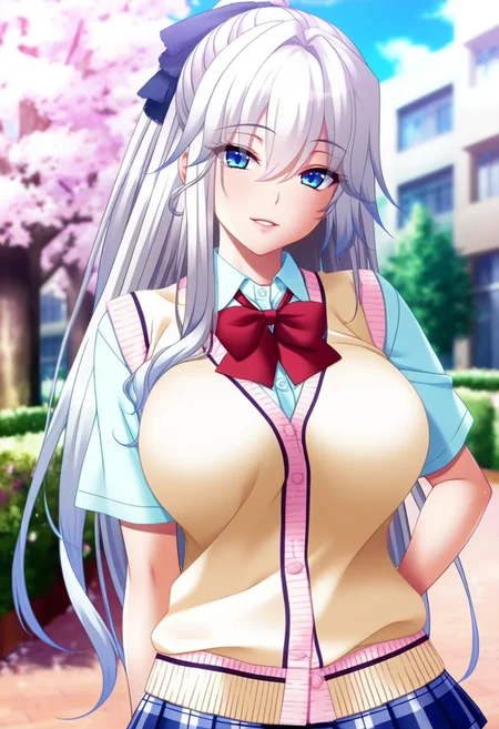 masterpiece, best quality, amazing quality,shuri mikoshiba, blue eyes, white hair, long hair, ponytail, mature female, 1girl, solo, school uniform, breasts,pleated skirt,plaid skirt, plaid, large breasts,light blue shirt, light yellow cardigan vest, blue skirt, short sleeves, bow, hair bow,parted lips, light smile, standing, looking at viewer, cowboy shot, blurry background, outdoors, school, cherry blossoms <lora:shuri mikoshibaV1:1>