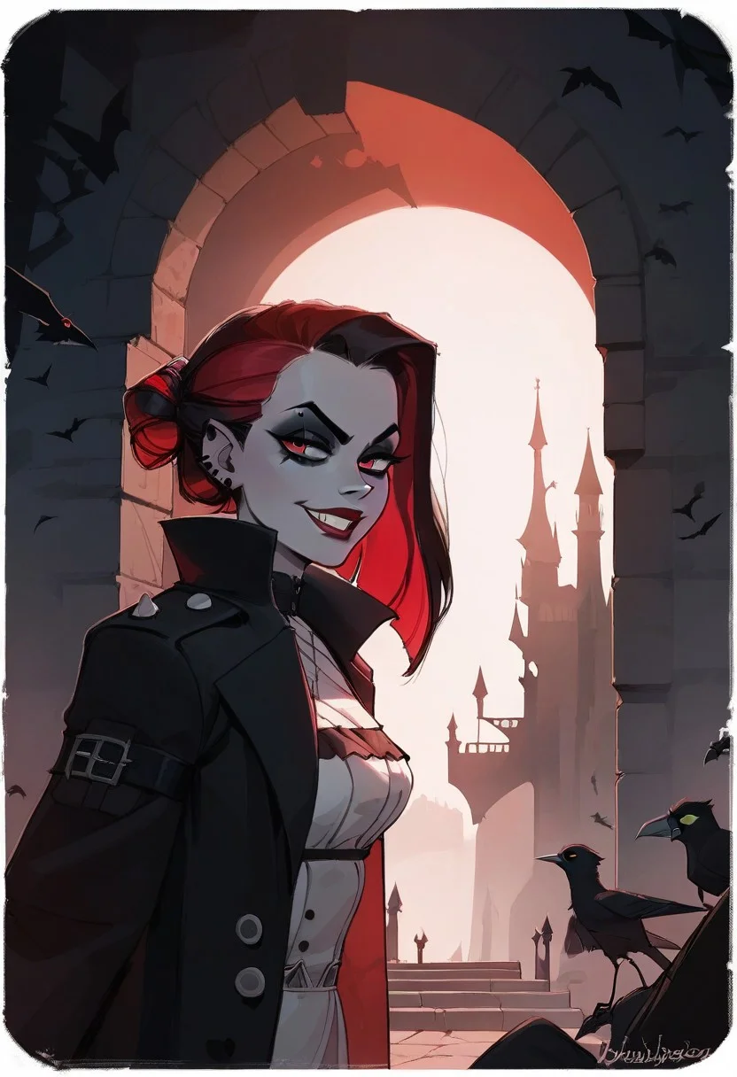 score_9, score_8_up, score_8_up, sexy woman, vampires, intricate outfit, bobcat hairstyle, black coat, smirk gothic atmosphere, crows, dark castle, outdoors, black colors, red colors, detailed background, simple shadows, flat coloring, flat shadows, thick lines, white outline,