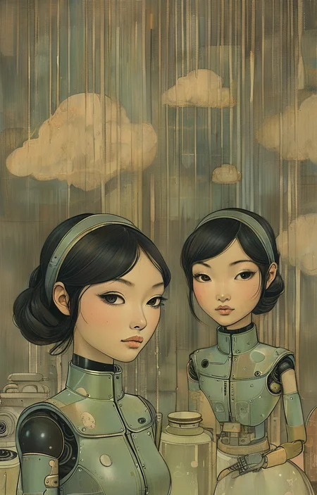masterpiece,best quality,<lora:tbh280-sdxl:0.9>,illustration,style of Audrey Kawasaki
portrait of Housework robots