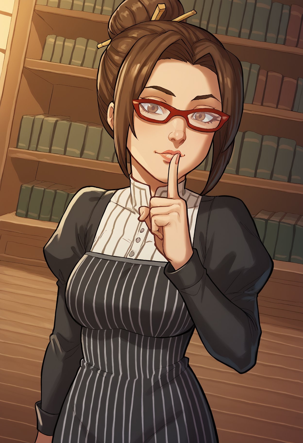 score_9, score_8_up, score_7_up, score_6_up, bbp-dh, dutch angle BREAK, shushing, finger to mouth, index finger raised, 1girl, milf, Elmira_clamp, red-framed eyewear, single hair bun, hair ornament, hair stick, brown eyes, puffy sleeves, striped dress, library <lora:Artist_Style_-_Bad_Boy_Pool_JAB_PDXL:0.8> <lora:add-detail-xl:0.3> <lora:shushing-ponyxl-lora-nochekaiser:0.8> <lora:Elmira_Clamp:0.7>