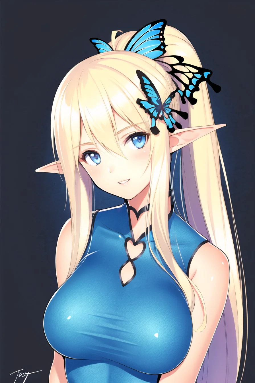 tony taka,
1girl, arms at sides, bangs, bare arms, bare shoulders, blonde hair, blue eyes, breasts, butterfly hair ornament, collarbone, elf, floral background, flower, hair between eyes, hair ornament, large breasts, long hair, looking at viewer, parted lips, pointy ears, ponytail, sidelocks, signature, simple background, smile, solo, teeth, upper body
<lora:tony_taka:0.7>