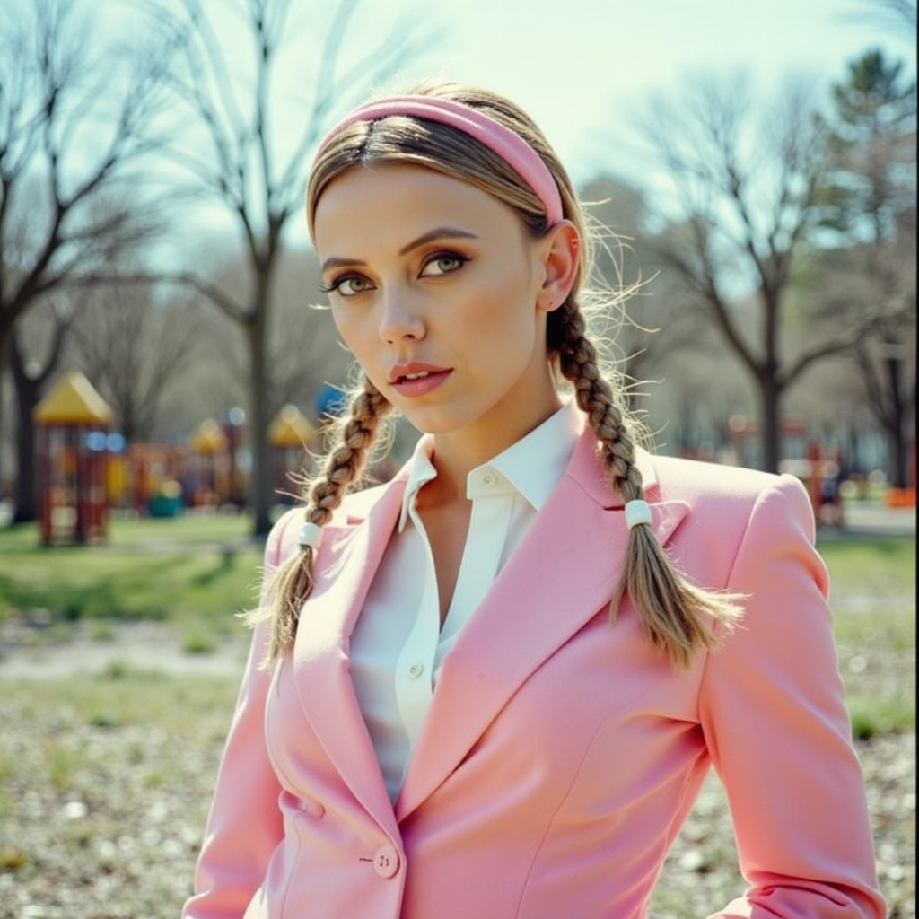 analog film photo watercolor painting ethereal fantasy concept art of  surrealist art analog photography, analog photo, a stunning woman in an eerie abandoned playground in the background, she's wearing a pink women's suit, braided hair, a white blouse and a pink headlace. A candid, close up shot <lora:Riley_Voelkel:1> rileyv . dreamlike, mysterious, provocative, symbolic, intricate, detailed, magnificent, celestial, ethereal, painterly, epic, majestic, magical, fantasy art, cover art, dreamy . vibrant, beautiful, painterly, detailed, textural, artistic, RAW candid cinema, 16mm, color graded portra 400 film, remarkable color, ultra realistic, textured skin, remarkable detailed pupils, realistic dull skin noise, visible skin detail, skin fuzz, dry skin, shot with cinematic camera . faded film, desaturated, 35mm photo, grainy, vignette, vintage, Kodachrome, Lomography, stained, highly detailed, found footage