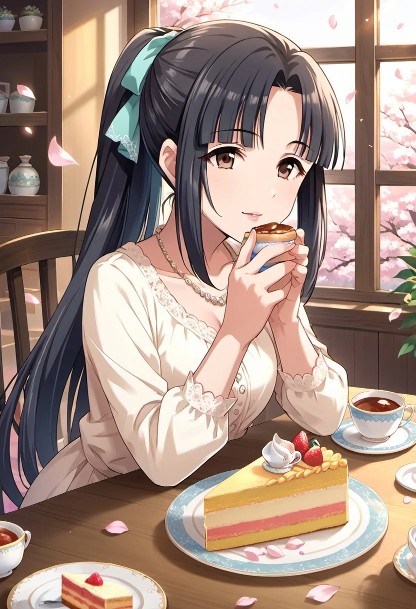 score_9, score_8_up, score_7_up, source_anime,mizuno midori, black hair, long hair, ponytail, brown eyes, 1girl, necklace, solo, jewelry, teacup, food, cake, petals, cup, table