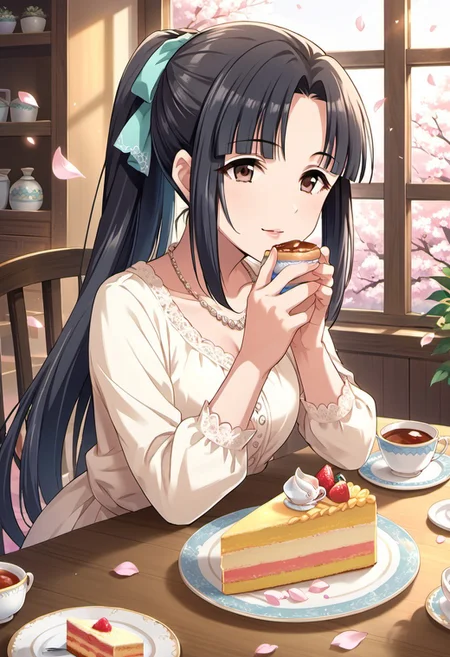 score_9, score_8_up, score_7_up, source_anime,mizuno midori, black hair, long hair, ponytail, brown eyes, 1girl, necklace, solo, jewelry, teacup, food, cake, petals, cup, table