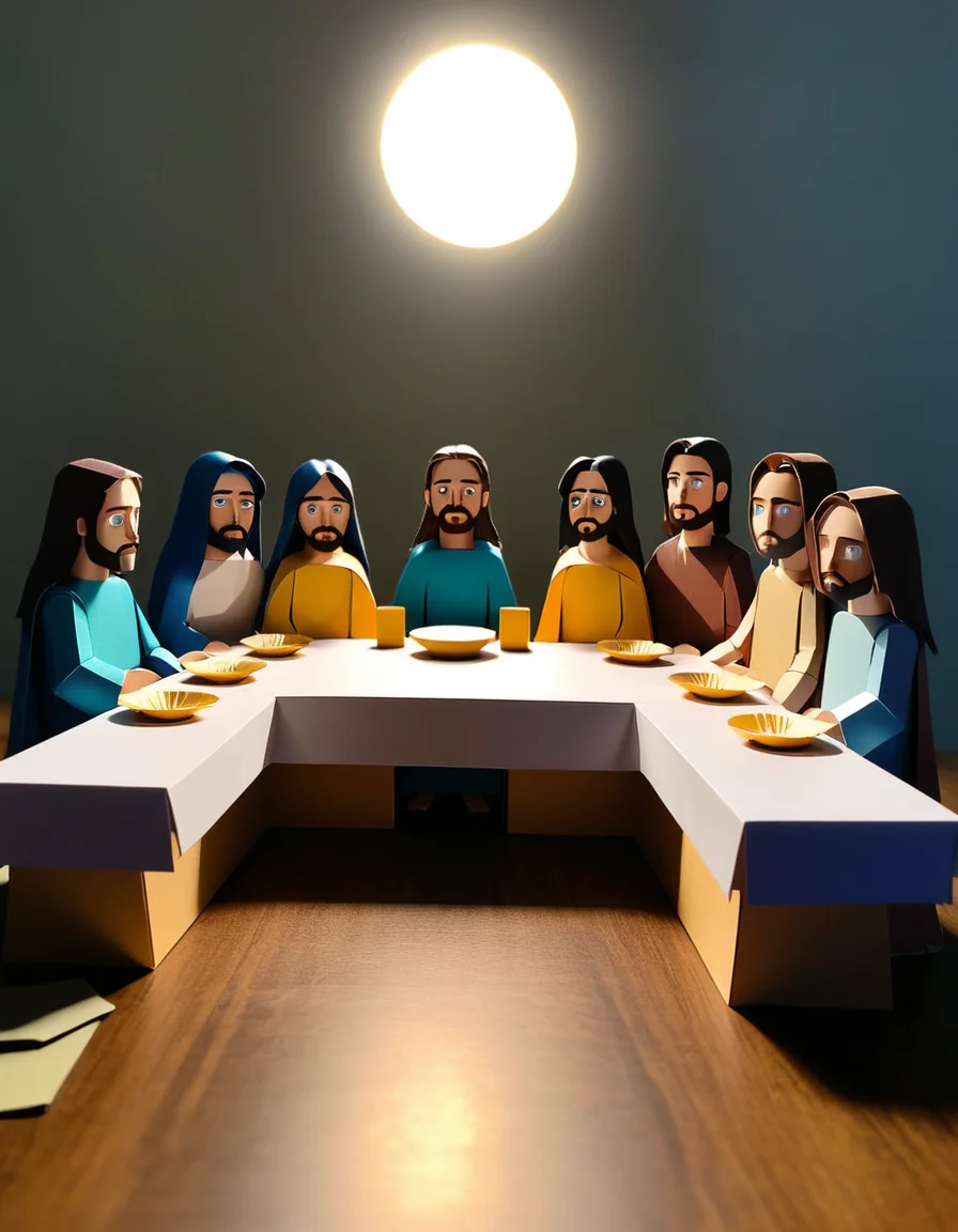 made out of ral-ppr, papercraft, paper, "The Last Supper", <lora:ral-ppr-sdxl:0.7>, professional creative, detailed, lush, modified, shiny, advanced cinematic perfect light, beautiful detailed, cute, great composition, magical composition