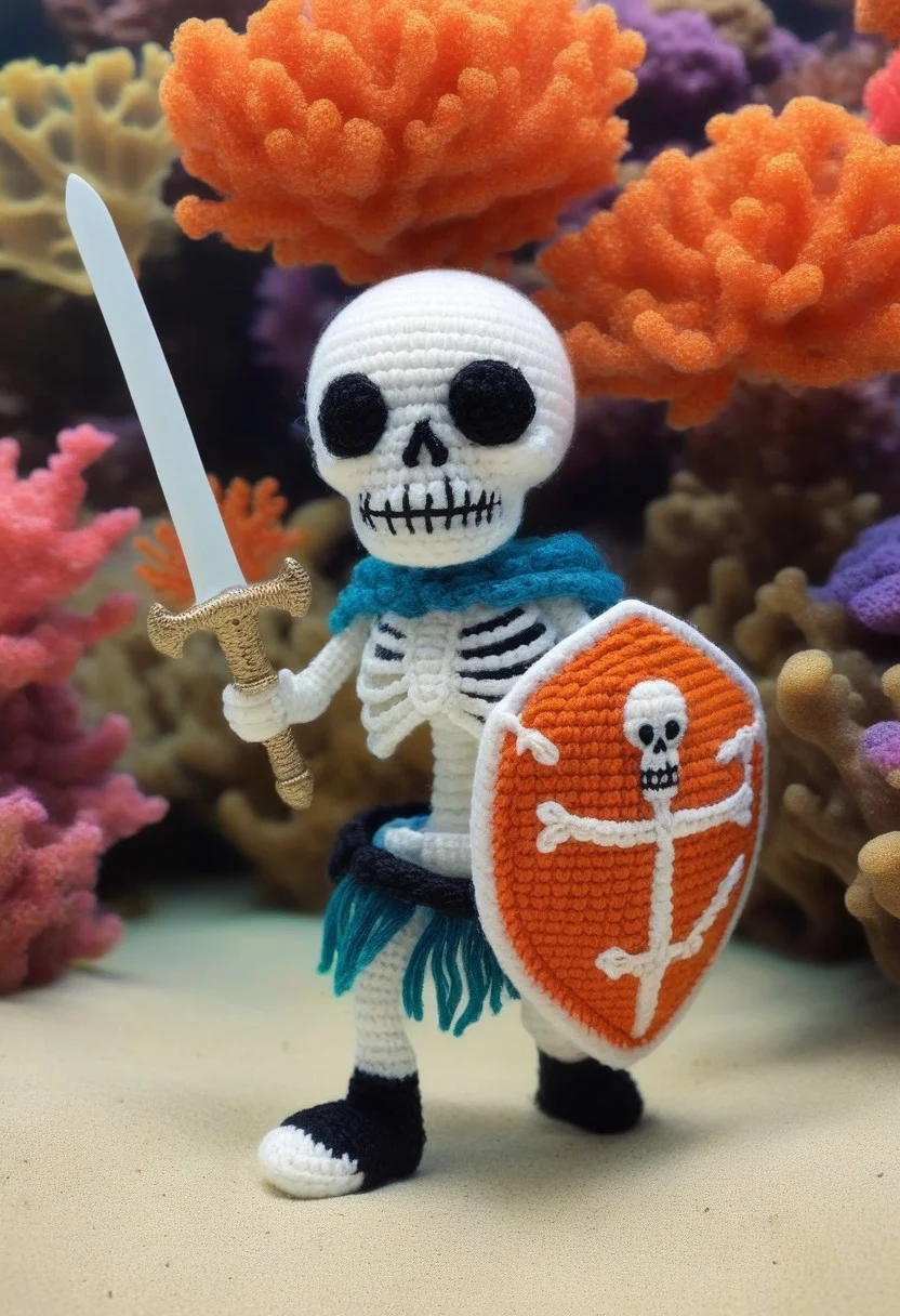 Skeleton with sword and shield, walking in beautiful bottom of the ocean, colorful coral reef, seaweed, Amigurami,