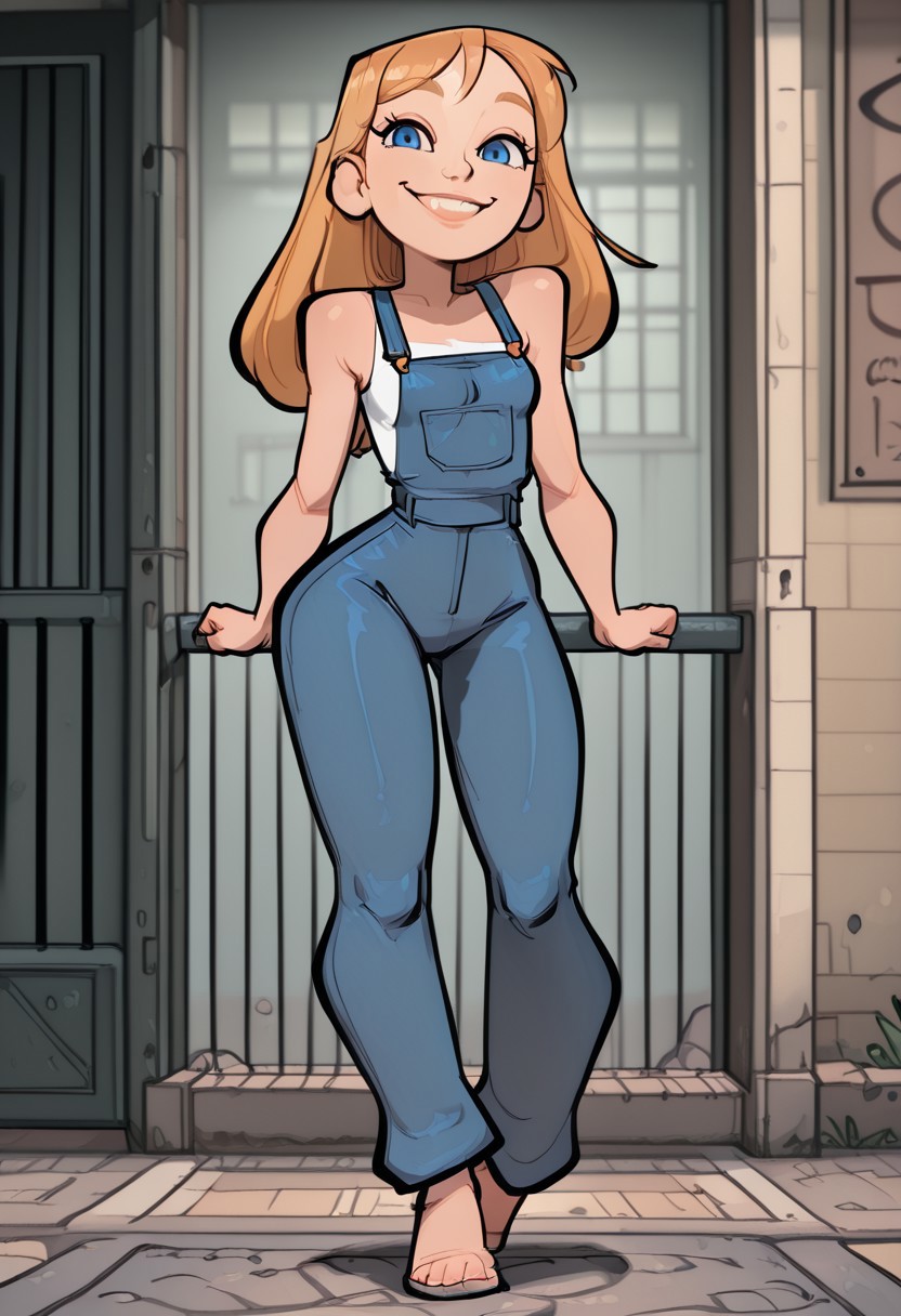 portrait, 1girl, 24 years old, blonde hair, long hair, straight hair, blue eyes, athletic body, thin waist, wide hips, small breasts, overalls, sexy pose, smile, waving, full body, alleyway, in public. bridgetoon
