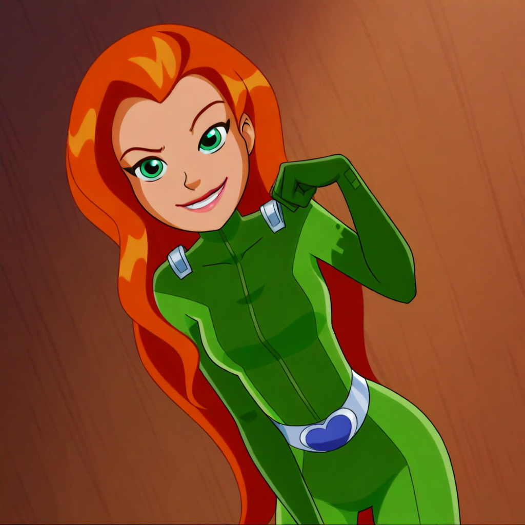 cartoon, totally_spies_2k24, 1girl, solo, sam, orange hair, green eyes, green bodysuit, smile, smug, looking at viewer