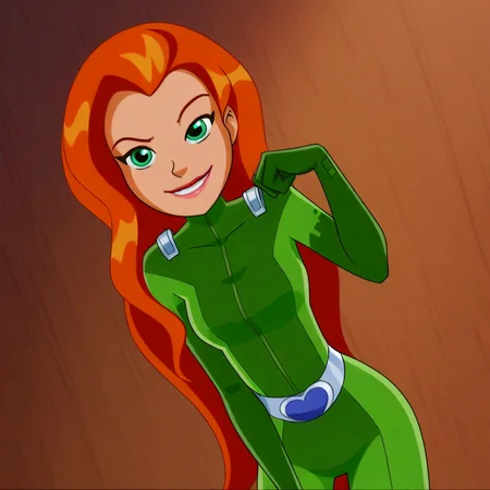 cartoon, totally_spies_2k24, 1girl, solo, sam, orange hair, green eyes, green bodysuit, smile, smug, looking at viewer