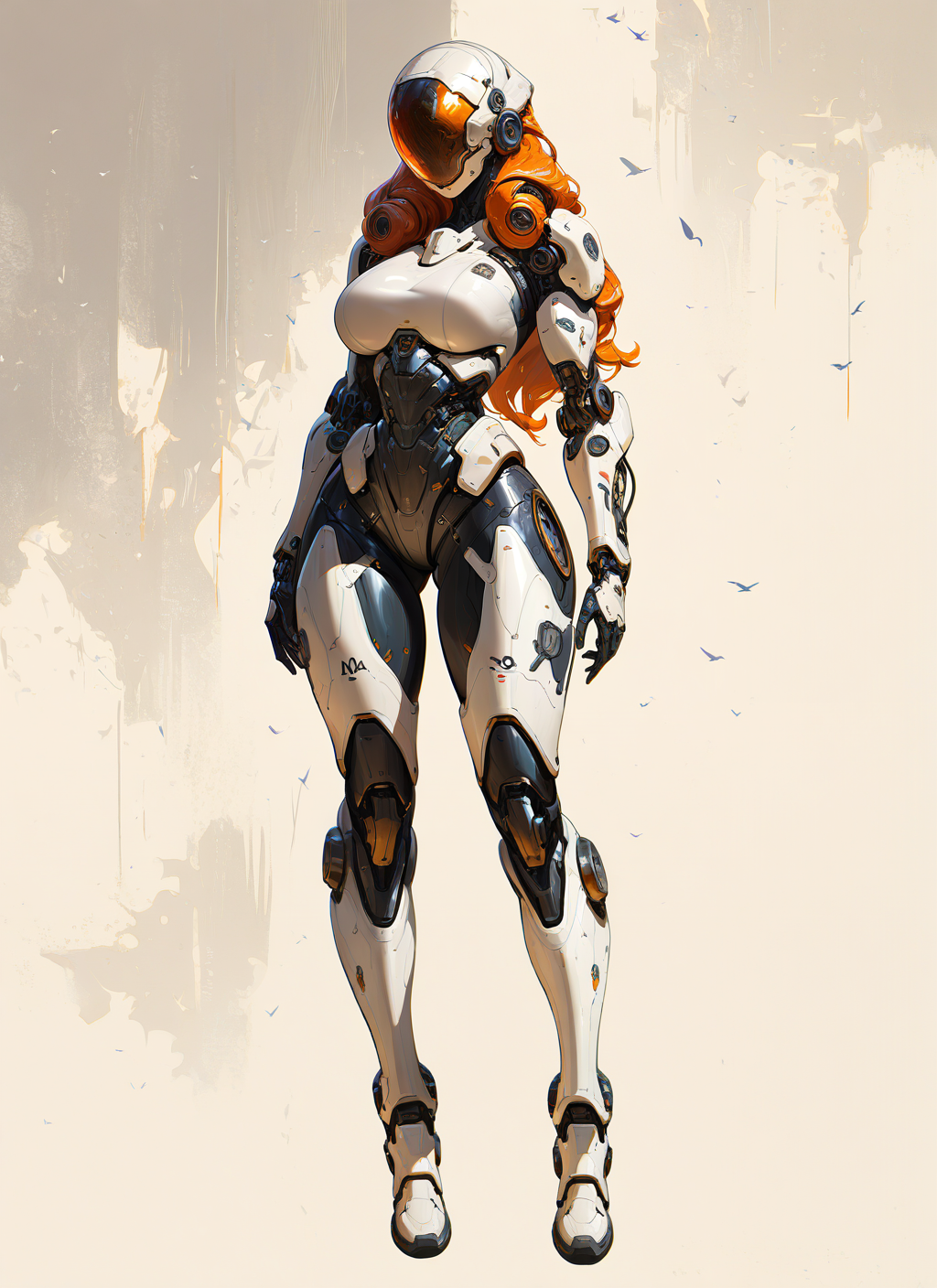 masterpiece, best quality, newest, absurdres, highres, painting, mcnm, cyborg, robotic face, large breasts, helmet, armor, French Twist hair, orange hair, full body, simple background, detailed, <lora:Mechanism-Illustious:1.0>