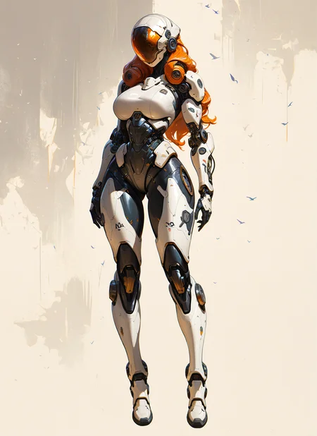 masterpiece, best quality, newest, absurdres, highres, painting, mcnm, cyborg, robotic face, large breasts, helmet, armor, French Twist hair, orange hair, full body, simple background, detailed, <lora:Mechanism-Illustious:1.0>