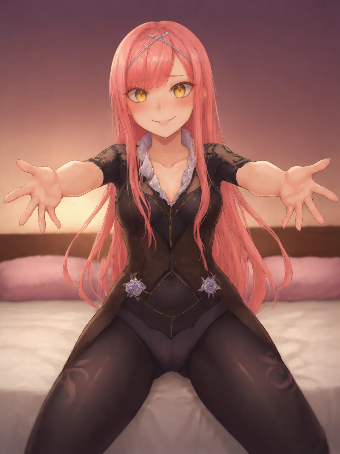 score_9, score_8_up, score_7_up, BREAK,
1girl, solo, BREAK,
cnocnariabhfate, yellow eyes, black dress, <lora:Cnoc_na_Riabh:0.8>, BREAK,
embarrassed, smile, blush, looking at viewer, BREAK,
selfie, reaching towards viewer, hand out of frame, BREAK,
sitting, on bed, BREAK,
indoors, bedroom