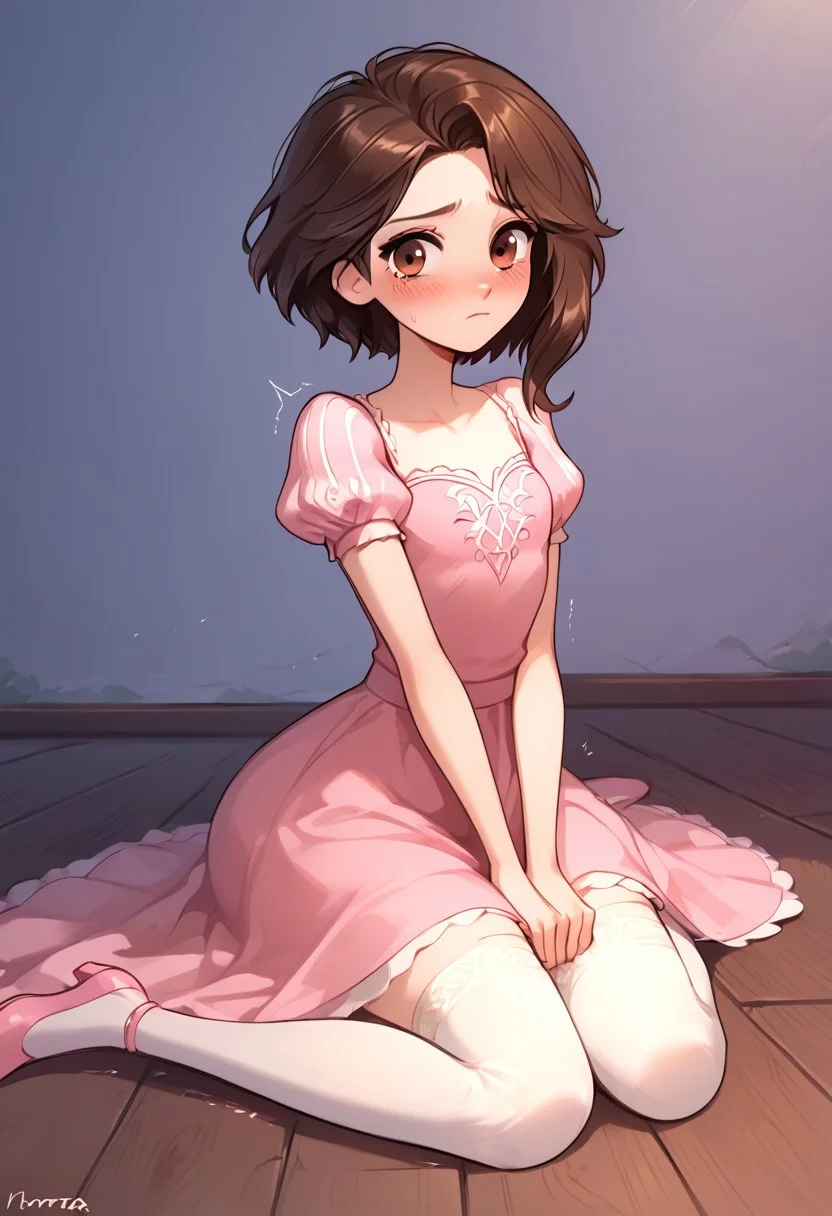 score_9, score_8_up, score_8, 1femboy, sexy 20yo white caucasian femboy, brown eyes, perfect eyes, (dark brown hair), medium length hair, bob cut, fluffy hair, skinny, trembling, high res image, masterpiece, RapunzelWaifu, elegant, cute face, solo, worried, shy, Norza, otoko no ko, pink dress, lace, sitting on floor, puffy sleeves, white thighhighs, pink shoes, short sleeves, sidesitting, looking at viewer, head down,