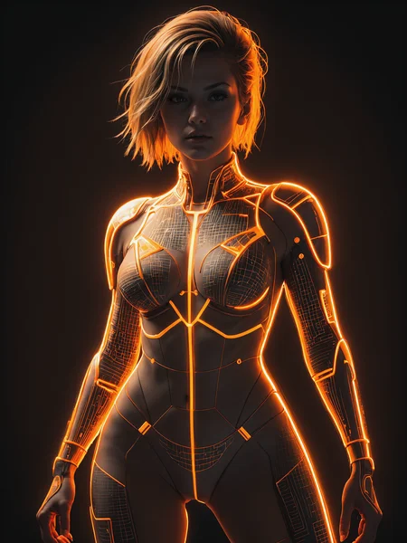 mad-cyberspace, woman, dynamic pose, orange glowing outlines, grid, cyberpunk, 1980s, retro, scifi <lora:Neon_Cyberpunk_Cyberspace_SDXL_v2:0.8>, raw photo, film grain, (photorealistic, realistic:1.2), deep shadow,  8k, uhd, dslr, ultra high res