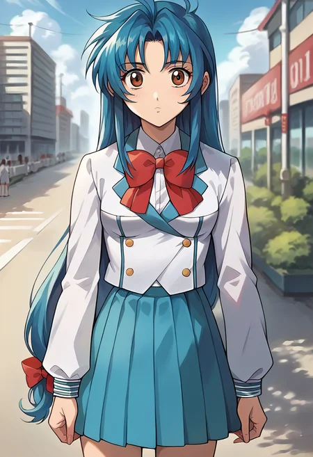 score_9, score_8_up, score_7_up, source_anime, masterpiece, 1girl, ctianchid0ri, blue hair, white blazer, red bowtie, ri, long sleeves, blue skirt, looking at viewer, outdoors, city, depth of field, sunny, <lora:Chidori_Kaname_pony_ct:1>