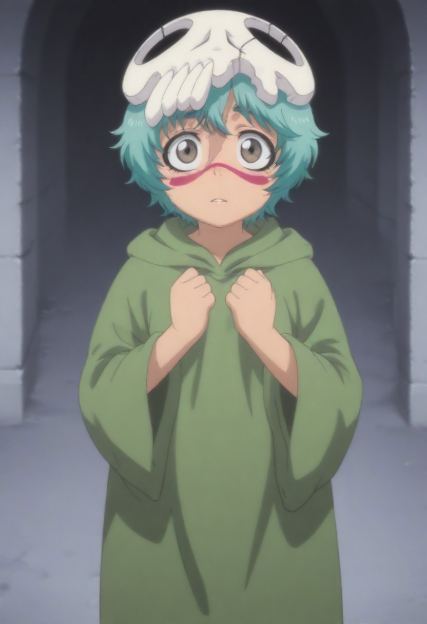 masterpiece, best quality, amazing quality,,, shiny skin,,,,,, skull hair ornament, green robe, <lora:illustriousXL Nel V1:1> Blue hair, brown eyes