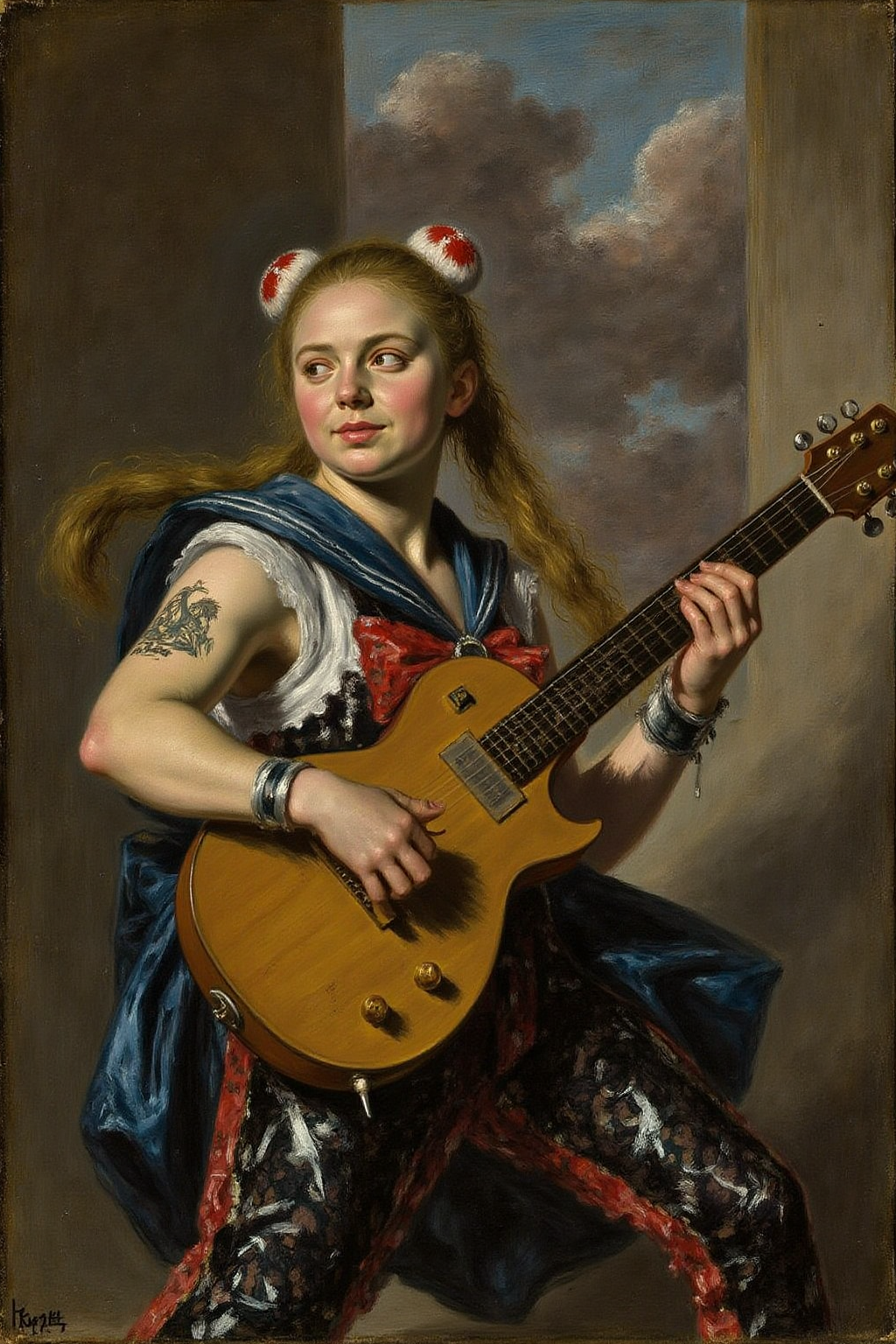 fraha1 painting of punk sailor moon playing a guitar at a heavy metal mosh pit, tattoos, pearcing. <lora:fraha2_nocap_d6a3:1.0>