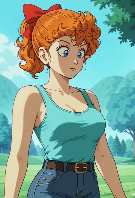 score_9, score_8_up, score_7_up, score_6_up, anime screencap, anime coloring, <lora:DBExtraGirlAkaneK:0.8>, DBExtraGirlAkaneK, orange hair, curly hair, ponytail, (red hair bow), faceless, blue eyes, top tank, busty, jeans shorts, belt, looking down, upper body, smooth skin, natural light, soft light, soft shadow, sunnyday, bluesky, exteriors, oudoors, open field background, trees, vegetation