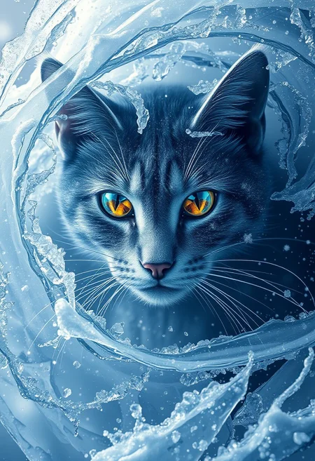 "Create a photorealistic image of a swirling gust of ice and snow that fills the air, with a majestic cat silhouette forming at the center. The ice and snow are rendered in exquisite detail, with delicate, crystalline structures and intricate patterns that shimmer and shine like a thousand tiny diamonds. The cat's eyes are bowls of gemstones, with a kaleidoscope of colors and facets that seem to shift and change as the viewer looks. The gemstones are rendered in precise detail, with subtle imperfections and inclusions that add to their realism. The overall effect is one of magical, wintry wonder, as if the ice and snow are alive and taking shape before the viewer's eyes. The image should capture the dynamic, swirling energy of the snow and ice, with a sense of movement and flow." Highest-Quality, 4k, intricate details, visually stunning, Masterpiece