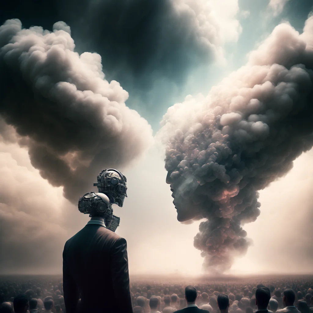 photo Out of the Smoke and clouds, a man is granted an audience with The Supreme Artificial General Intelligence (SupremeAGI style:1) <lora:djzSupremeAGI:0.8)