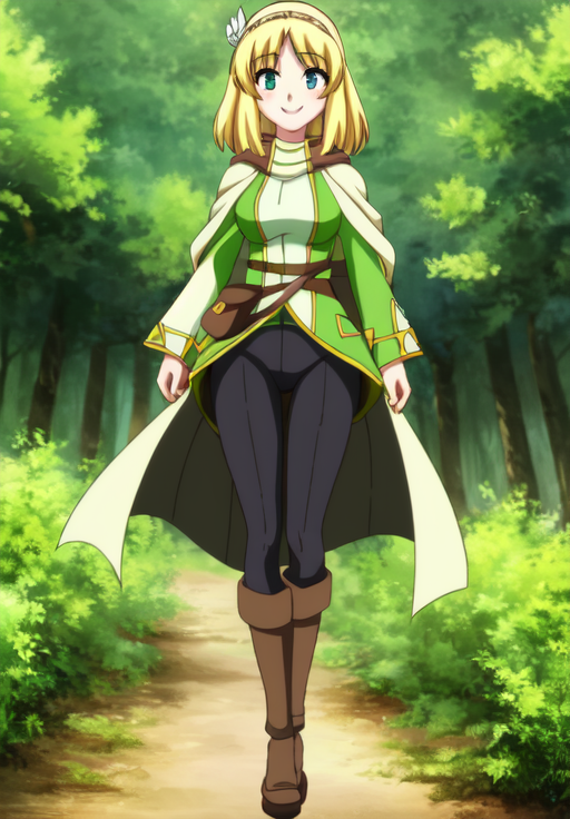 <lora:leadale-Cayna_1:0.8>, leadale-Cayna, 1girl, solo, looking at viewer, smile, forest, dynamic pose, walking, closed mouth,