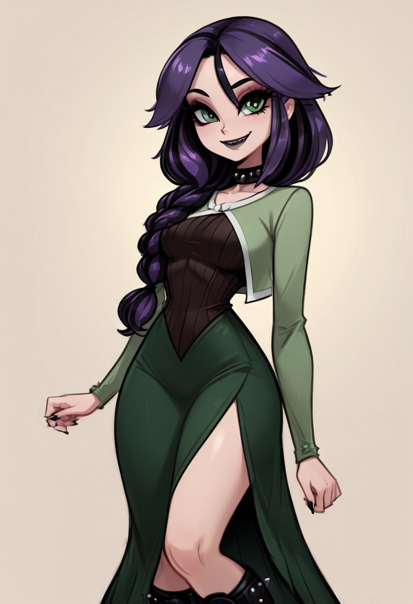 (masterpiece, best quality, good quality, very aesthetic, absurdres, newest:1.2),  zzCheryl, green eyes, single braid, hair over shoulder, green jacket, long dress,  ,<lora:CherylPokemon_IXL_v2:1.0>,, smile, looking at viewer, cowboy shot, (two-tone hair, purple hair, makeup, eyeshadow, black lips, dress, black boots, knee boots, spikes, spiked collar, gothic),   ,<lora:VampieNAI:1.0>,