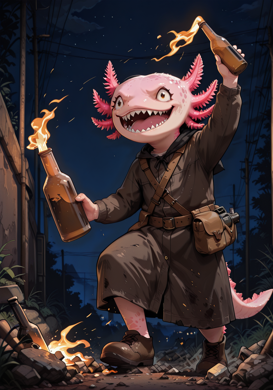 embedding:IllusP0s, molotov_\(weapon\), lit rag, throwing, axolotl, evil laugh, sharp teeth, outdoors, night, solo,<lora:molotov_weapon_ill-000007.safetensors:1.0:1.0> <lora:axolotl_ill_v2.safetensors:1:1>