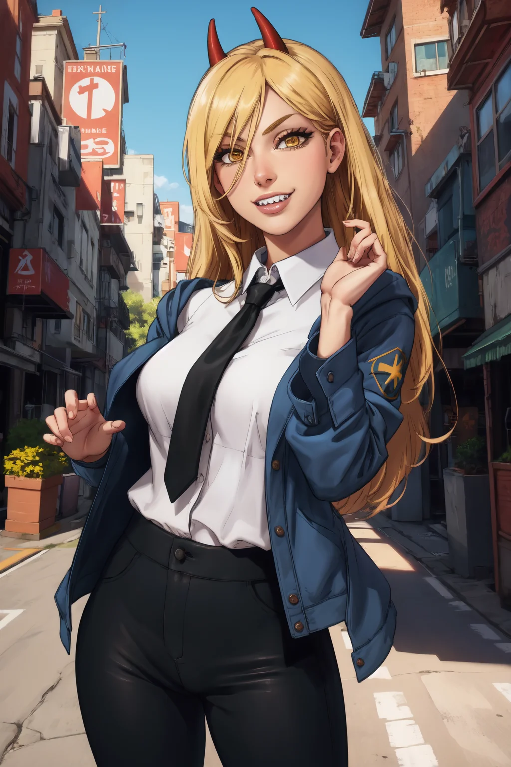 1girl, (solo:1.2), (posing sexually:1.3), (cowboy shot:1.5), smile, happy, closed mouth, luscious lips, (masterpiece:1.3), (best quality:1.3), (perfect anatomy:1.4), highly detailed, <lora:Logan Cure [MockAi - v1.0]:0.8> logancure, realistic, (film grain:1.2), soft shading, western artstyle, (detailed background scenery:1.4), (inside:1.3), <lora:Power [justTNP - v1.0]:1> power \(csm\), sharp teeth, symbol-shaped pupils, cross-shaped pupils, blonde hair, yellow eyes, blue jacket, collared shirt, black necktie, black pants