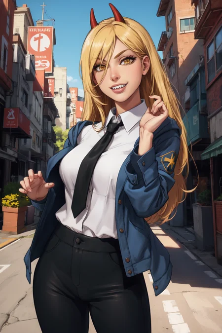 1girl, (solo:1.2), (posing sexually:1.3), (cowboy shot:1.5), smile, happy, closed mouth, luscious lips, (masterpiece:1.3), (best quality:1.3), (perfect anatomy:1.4), highly detailed, <lora:Logan Cure [MockAi - v1.0]:0.8> logancure, realistic, (film grain:1.2), soft shading, western artstyle, (detailed background scenery:1.4), (inside:1.3), <lora:Power [justTNP - v1.0]:1> power \(csm\), sharp teeth, symbol-shaped pupils, cross-shaped pupils, blonde hair, yellow eyes, blue jacket, collared shirt, black necktie, black pants