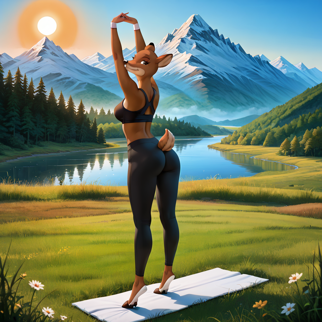 <lora:ZoeyRud98:1> <lora:StS_PonyXL_Detail_Slider_v1.4_iteration_3:3>,   zoey, reindeer, brown eyes, brown iris, black pupils, female, eyelashes, black nose, solo, (anthro), (behind view,) black crop top,  black yoga pants, (reindeer tail), arm stretching, (looking back, looking at viewer), brown iris, brown eyes, black pupils, outdoors, grassy field, sun, mountains, lake in background, (8k, sharp details, ultra quality, best quality, score_7, score_8, score_9,) curvy figure, butt, ((feet are unseen)) standing, smiling, mouth closed, brown feet,