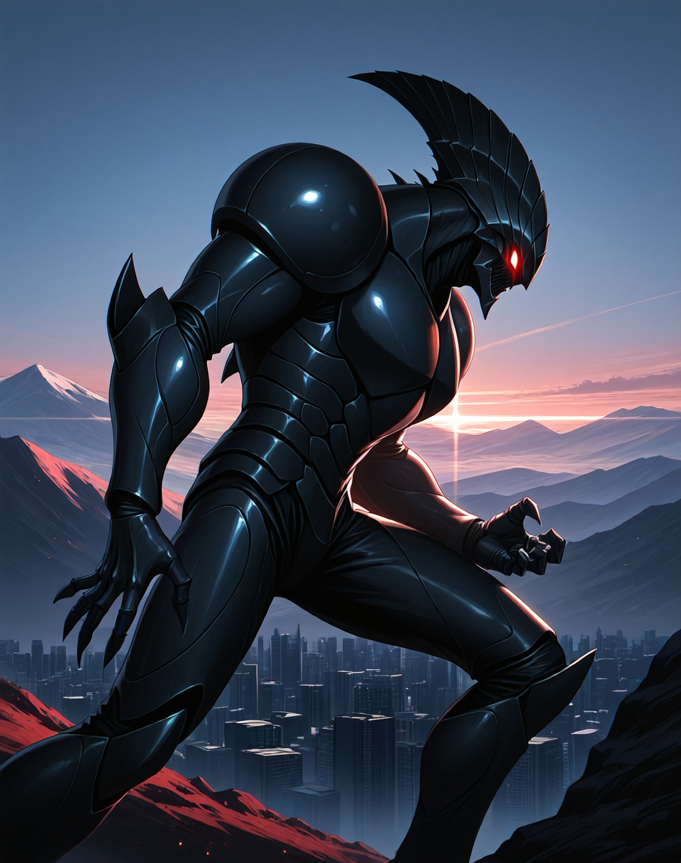 score_9, score_8_up, score_7_up,
<lora:Hyper_Zoanoid_(Guyver)_(Illustrious)_(AD):1> Hyper Zoanoid, Guyver, monster, 
exterior, science fiction, mountains, city skyline, sky with anime clouds,
cowboy shot, bent knee, dynamic action, side view, 
red colored body, glowing eyes, dominating, powerful, solo, stocky, bulky, thick armor, crustacean, 
BREAK Smooth Quality, IllusP0s, lazyhand, lazympos, lazynsfw,