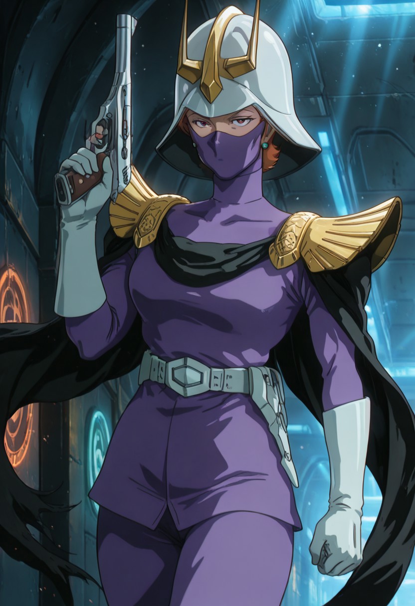 masterpiece, best quality, 32k, high resolution, absurdres , (anime coloring:0.7) ,retro artstyle, 1990s
1girl, solo, GOKycilia, 1girl, orange hair, helmet, (mask, ninja mask), red eyes, earrings,
purple military uniform, white belt, cape, capelet, white gloves,
dynamic pose, fighting stance, holding gun, shooting, foreground focus, depth of field, dynamic perspective
indoors, spaceship, hallway, under fire, neon lights, space in background, battle in space
motion lines, from both sides, light particles, dynamic angle,  cinematic angle, various angles, detailed background, beautiful background, (rays light:1.0),(grow:1.0) vivid colors, shiny and glossy, anime style, high-res, beautiful aesthetic, very intricate, high-quality details, vibrant,