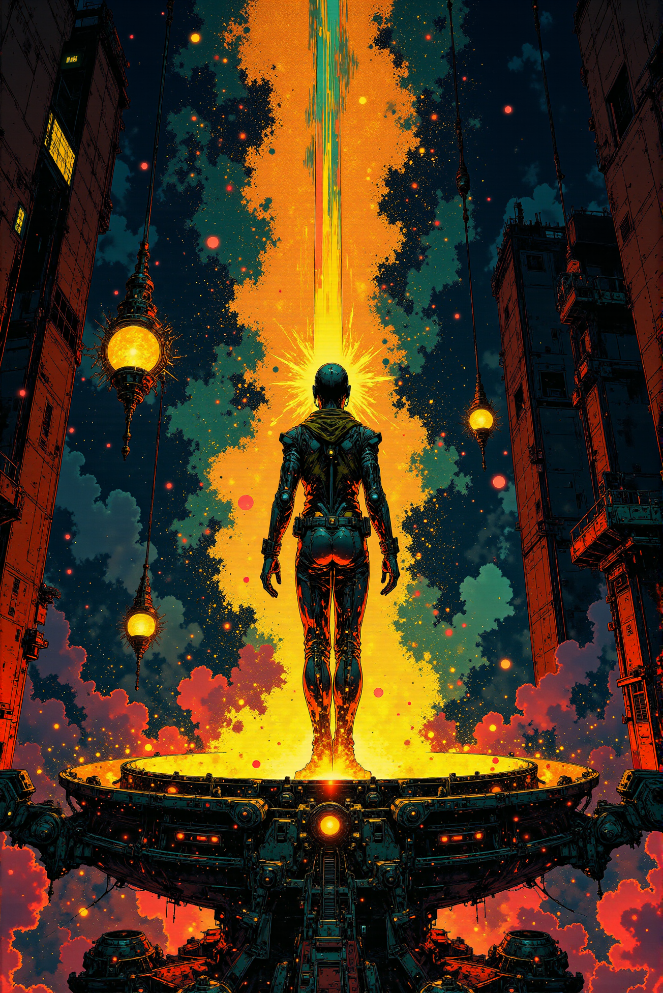 <lora:Vibrantly_Dark_style_v.1:1.0> Vibrantlydark style. Within the heart of the planetary core reactor, the air hums with immense, contained power, a symphony of plasma and light orchestrated in perfect harmony. Standing at the epicenter is a plasma dynamics engineer, their figure dwarfed yet luminous amidst the surrounding technological grandeur. Encased in a sleek, metamaterial suit, they move with deliberate grace. The suitâs surface is alive, reacting dynamically to the overwhelming electromagnetic forces that radiate through the chamber. Waves of interference patterns ripple across the suit like liquid opal, shifting through iridescent hues of teal, magenta, and gold. Each ripple seems to mirror the pulsating energies around them, forming an intricate, reactive symbiosis between the engineer and the reactor. Encircling the engineer, layers of magnetic containment fields ripple and twist like auroral curtains, their glowing, translucent bands shifting in response to the plasma flows within. These fields shimmer in gradients of emerald green, deep violet, and electric blue, bending and refracting the light of the reactorâs immense power source. The plasma itself glows with searing intensity, threads of molten gold and fiery crimson swirling within the containment fields like rivers of controlled chaos, dancing at the edge of instability. Above and around, multiple artificial suns hover in precise orbits, their fiery forms encased in crystalline shells that modulate their energy output. These miniature stars pulse in an engineered sequence, their light diffused through intricate shields made of crystal-grown computer cores. The cores are transparent and multifaceted, each one refracting the stellar light into cascading waves of visible data, forming radiant streams that flow like conscious energy across the chamber. These waves ripple outward, shimmering with layers of encoded information, their patterns resembling both digital code and organic neural networks. The chamber itself is a monumental fusion of natural and artificial aesthetics. Towering walls of polished alloy and transparent composite materials reflect the vibrant light of the plasma and suns, creating an almost cathedral-like space filled with light and motion. The floor is a grid of radiant conduits, each one pulsing with energy siphoned from the reactor and directed toward the planetary systems it sustains. Suspended platforms and walkways float in dynamic alignment, constantly shifting to optimize access to the plasma streams and magnetic fields. The atmosphere is alive with radiant color and perpetual motion. The glowing plasma, the rippling containment fields, the refracted light of the artificial suns, and the opalescent interference patterns on the engineerâs suit all blend into a mesmerizing palette of energy and design. It is a space where raw stellar power and human ingenuity converge, a living testament to the engineerâs mastery of forces that define the very fabric of the universe.