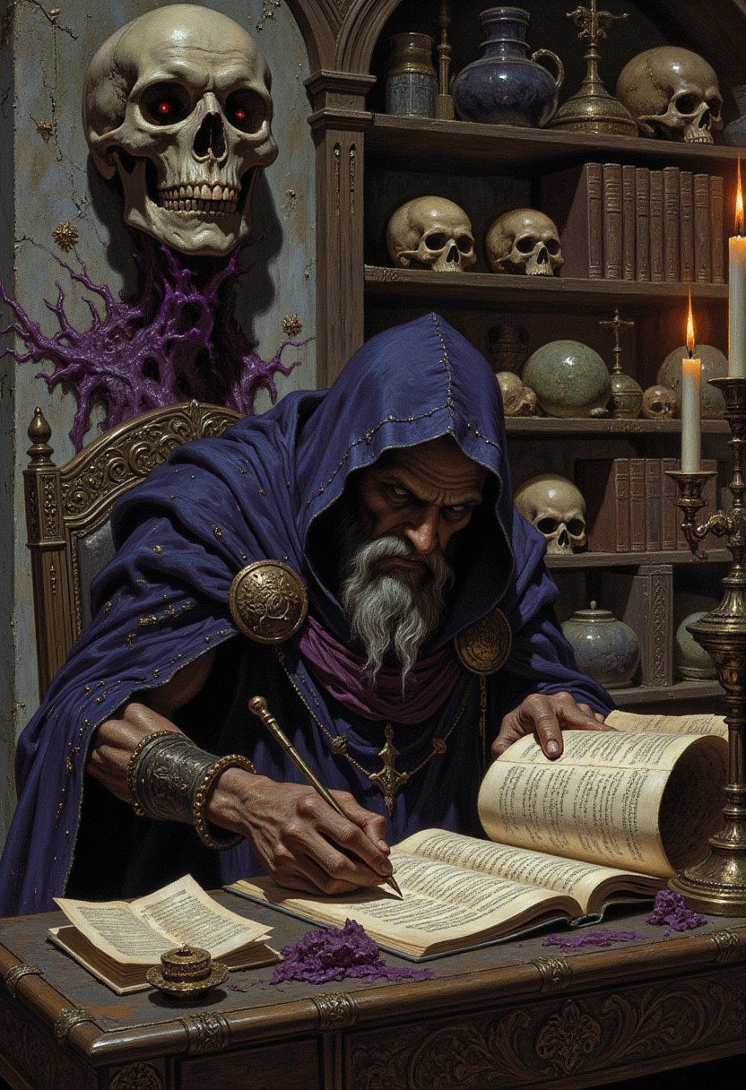 a hunched, bone-thin necromancer draped in decayed papyrus robes, his fingers stained with eldritch ink as he feverishly copies forbidden texts onto human skin parchment, his candle-lit study filled with floating, whispering scrolls bound in stitched tongues, behind him, an iron bookshelf lined with skulls, each jaw muttering arcane secrets, dungeon punk aesthetic, muted stone-gray background with neon-violet glyphs glowing ominously, deep orange candlelight casting jagged shadows, heavy black outlines, intricate, grotesque detail