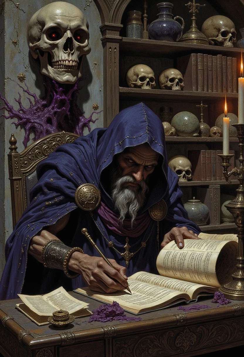 a hunched, bone-thin necromancer draped in decayed papyrus robes, his fingers stained with eldritch ink as he feverishly copies forbidden texts onto human skin parchment, his candle-lit study filled with floating, whispering scrolls bound in stitched tongues, behind him, an iron bookshelf lined with skulls, each jaw muttering arcane secrets, dungeon punk aesthetic, muted stone-gray background with neon-violet glyphs glowing ominously, deep orange candlelight casting jagged shadows, heavy black outlines, intricate, grotesque detail