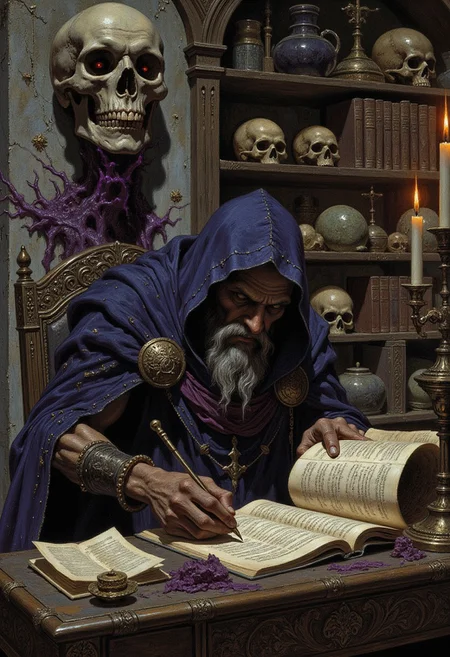 a hunched, bone-thin necromancer draped in decayed papyrus robes, his fingers stained with eldritch ink as he feverishly copies forbidden texts onto human skin parchment, his candle-lit study filled with floating, whispering scrolls bound in stitched tongues, behind him, an iron bookshelf lined with skulls, each jaw muttering arcane secrets, dungeon punk aesthetic, muted stone-gray background with neon-violet glyphs glowing ominously, deep orange candlelight casting jagged shadows, heavy black outlines, intricate, grotesque detail
