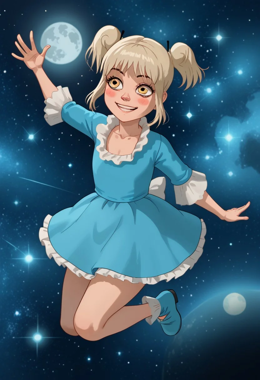 score_7, score_8, score_9, margo, 1girl, yellow eyes, blonde hair, short hair, blue slip microskirt, white collar, twintails, long sleeves, blunt bangs, blush, blush patches, blue footwear, happy smile, hands on waists, bow, space background, stars, sky, dark, night, moon, flying in sky,