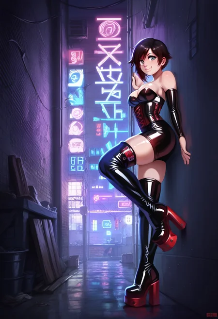score_9,score_8_up,score_7_up,score_6_up, 2d,
jlullaby, (1 girl:1.5), shiny skin,
ruby rose, medium breasts, silver eyes,
latex catsuit, cleavage, corset, smile,
double platform boots, thigh boots, shiny footwear,
ruanyi0724,alley,power lines,neon lights,
leaning against wall, one foot against wall, looking at viewer,
side view, low view,