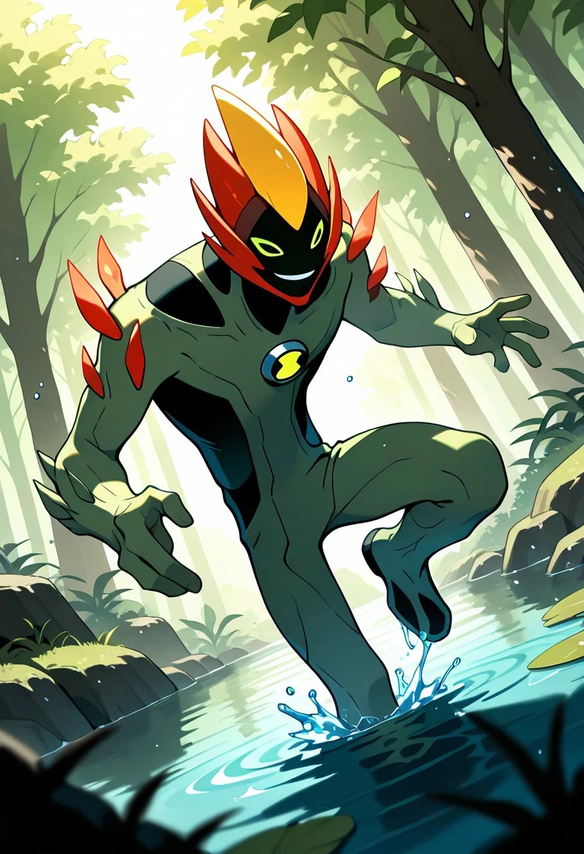 masterpiece, best quality, amazing quality, very aesthetic, absurdres, newest, 
swampfire, colored skin, spikes, colored sclera, 1boy, green skin, green eyes, pokemon (creature), shoulder spikes, no humans, smile,  green background, smiling,,
emerging from water, spalsh, dynamic pose, dutch angle, water particles, foreground blur, background blur, pond,