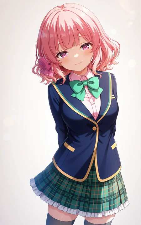 masterpiece,best quality,good quality,amazing quality,newest,4k,perfect lighting,cinematic,very aesthetic,official art,anime screencap,anime coloring,(white background, simple background:1.5),
1girl,solo,nitta moeka,pink hair,hair bow,m_seio1,blue jacket,pink shirt,green bowtie,green skirt,plaid skirt,frills,black thighhighs,zettai ryouiki,
seductive smile, looking at viewer,facing viewer,standing,arms behind back,contrapposto,cowboy shot,BREAK
<lora:ILmoeka2:1>