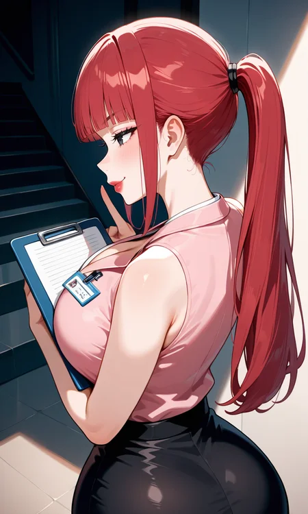 (masterpiece, best quality, ultra-detailed, very aesthetic), questionable, newest, 1girl, (upper body:1.3), indoors, dark room,Store stairs, pointing up, (from behind:1.5), smirk,
<lora:omega-ranran:0.8> (omega-ranran), (black eyes, red hair, eyelashes, red thick lips), (large breasts, wide hips),
(long hair, blunt bangs, sidelocks, ponytail, hair tie), (light pink jacket, cleavage, sleeveless, black pencil skirt, white footwear, clipboard, pen, name tag),