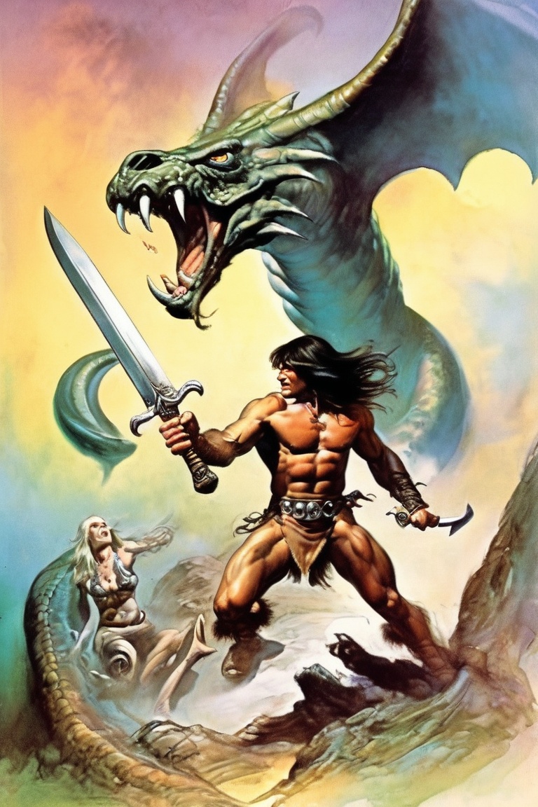 conan the barbarian attacks a large angry serpent, sword and sorcery, bb book cover  <lora:Fantasy_art_XL_V1:0.75> stunning fantasy art by boris vallejo